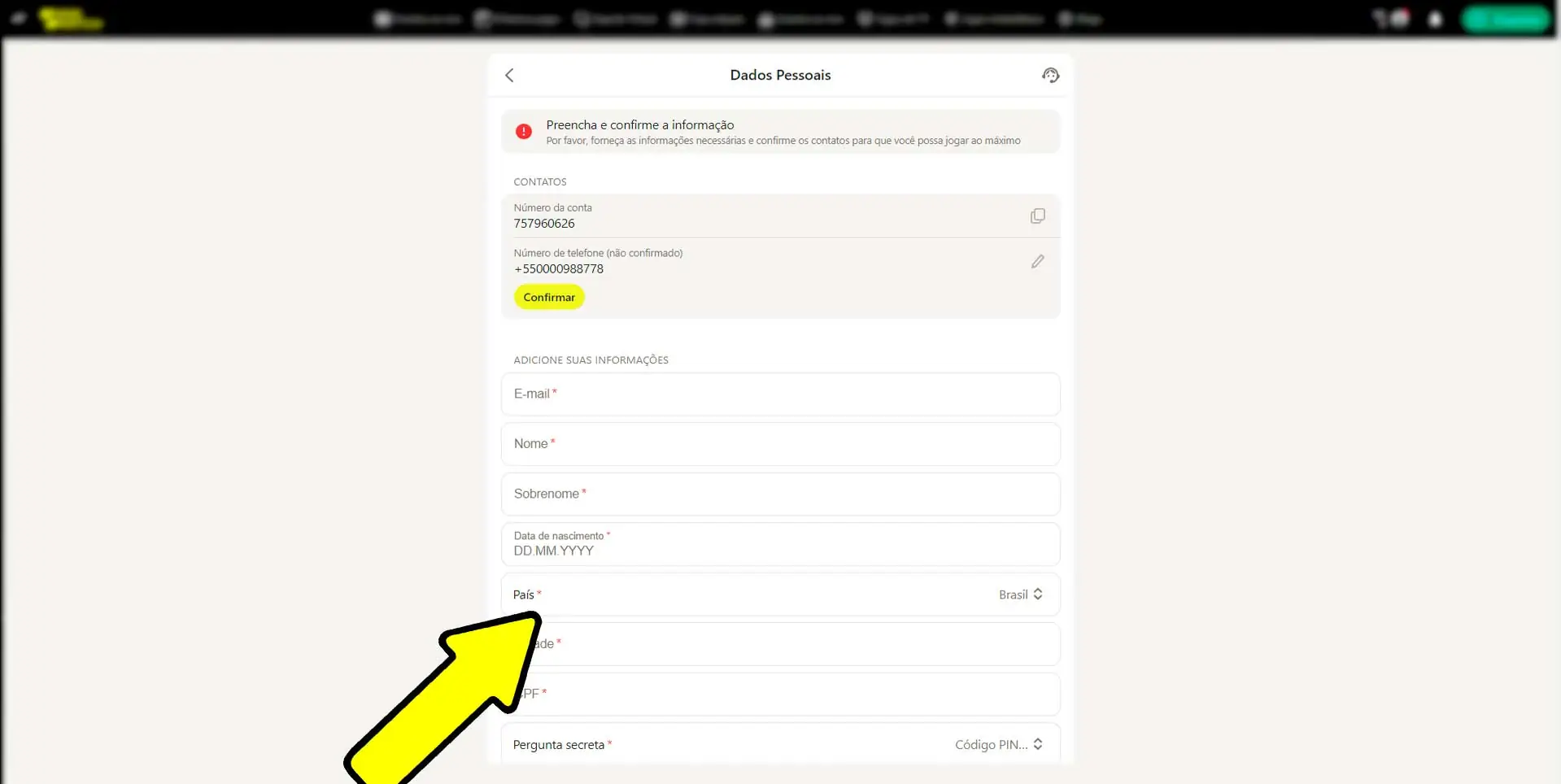 Inserção e confirmação de detalhes pessoais para remover restrições