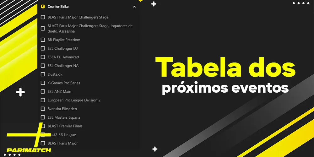 Tabela de eventos futuros no jogo CSGO